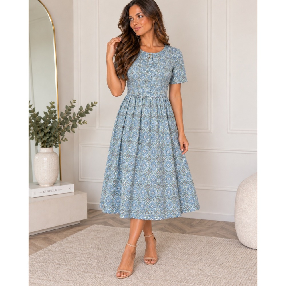 Leslie Fay Petite Blue Geometric Floral Pleated Midi Dress Size 6